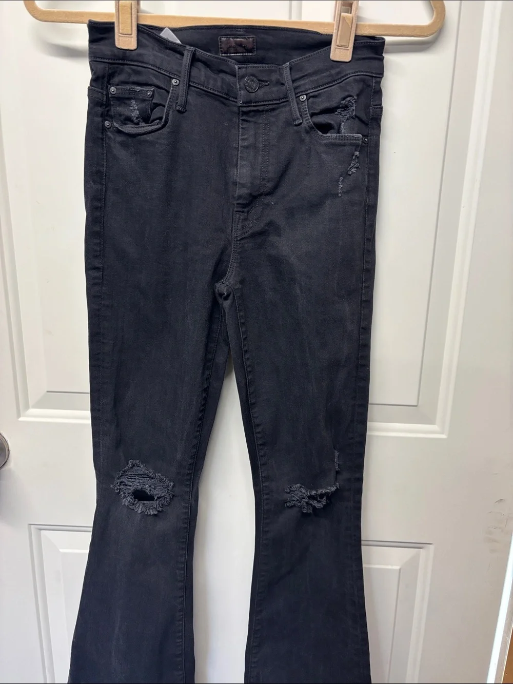 MOTHER The Weekender Fray Flared Jeans in Guilty As Sin Black Distressed